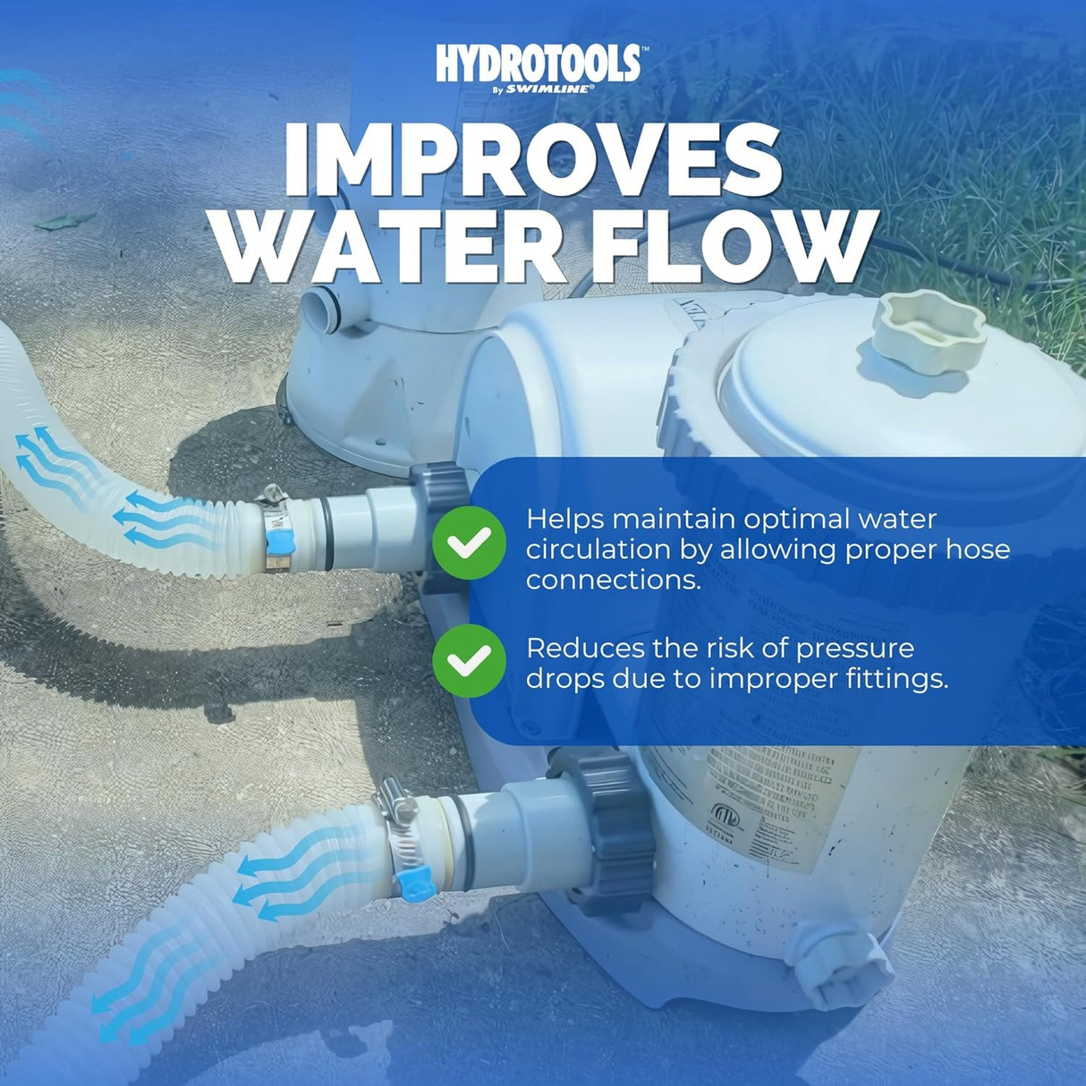 This image reads "HydroTools by Swimline. Improves water flow. Helps maintain optimal water circulation by allowing proper hose connections. Reduces the risk of pressure drops due to improper fittings."