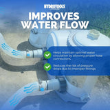 This image reads "HydroTools by Swimline. Improves water flow. Helps maintain optimal water circulation by allowing proper hose connections. Reduces the risk of pressure drops due to improper fittings."