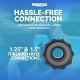 This image reads "HydroTools by Swimline. Hassle-free connection. No need for special tools - simply twist and secure. 1.25 inch and 1.5 inch threaded hose connections."