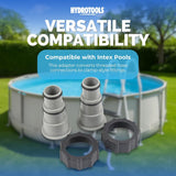 This image reads "HydroTools by Swimline. Versatile compatibility. Compatible with Intex pools. This adapter converts threaded hose connections to clamp-style fittings."