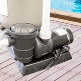 This is a lifestyle image showing the pump on a deck next to a pool.