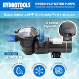 This image reads "HydroTools by Swimline. Hydro-Flo Water Pumps. Powerful, energy-efficient circulation. Experience 1.0HP unrivaled performance. Pool water goes in and clean water comes out. This pump has a 2 speed capability. Flow rate is 5,280 GPH. Powerful water flow. Versatile compatibility. Built-in ventilation system."