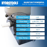 This image reads "HydroTools by Swimline. Silent but powerful. Built for performance and efficiency. Horse power is 1 HP. Flow rate is 5,280 gallons per hour. Maximum water lift is 35.7 ft. Voltage is 115 V. Frequency is 60 HZ. Maximum temperature is 104 degrees Fahrenheit."