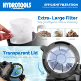 This image reads "HydroTools by Swimline. Efficient filtration. Captures debris for crystal-clear water. Extra large filter: say goodbye to manual cleaning such as gravel, hair and leaves. Transparent lid is detachable and easy to open."
