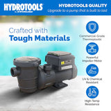 This image reads "HydroTools by Swimline. HydroTools quality. Upgrade to a pump that is built to last. Crafted with tough materials. Commercial grade thermoplastic. Powerful impeller motor. UV & chemical resistant. High temperature resistance."