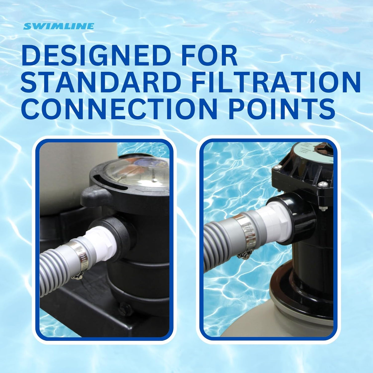 This image reads "Swimline. Designed for standard filtration connection points" and it shows the hose plugged into different pumps.
