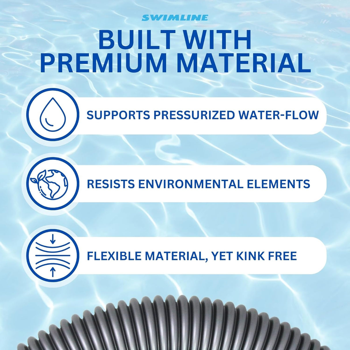 This image reads "Built with premium materials. Supports pressurized water-flow. Resists environmental elements. Flexible material, yet kink free."
