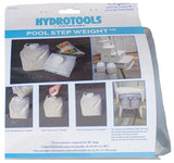 This shows the packaging for the HydroTools Pool Step Weight from Swimline. It reads "Three anchors required for 36 inch step."
