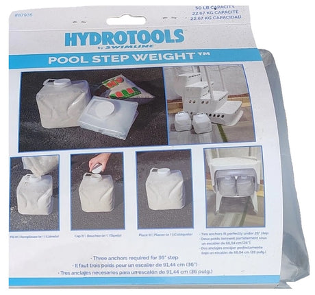 This shows the packaging for the HydroTools Pool Step Weight from Swimline. It reads "Three anchors required for 36 inch step."