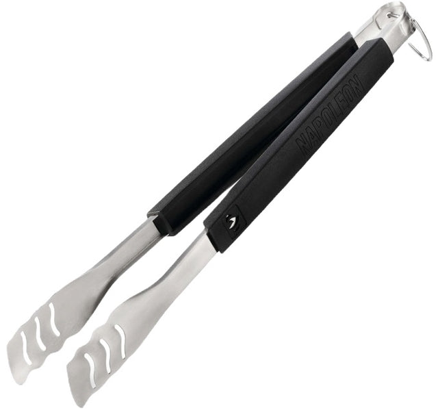 An up close view of this pair of Napoleon tongs. The handles are black and at the top, features the Napoleon "fire" logo and at the bottom, it reads "NAPOLEON." The head of the tongs are stainless steel silver with three slightly wavy cut out lines on each. There's also a stainless steel hook at the end of the handle. 