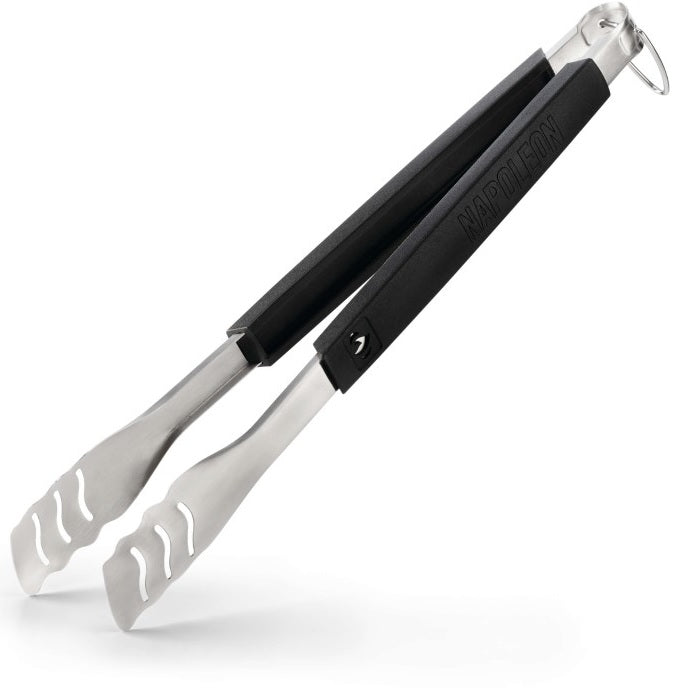 An up close view of this pair of Napoleon tongs. The handles are black and at the top, features the Napoleon "fire" logo and at the bottom, it reads "NAPOLEON." The head of the tongs are stainless steel silver with three slightly wavy cut out lines on each. There's also a stainless steel hook at the end of the handle. This image has a shadow underneath the tongs.