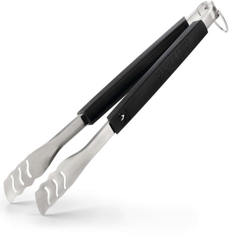 An up close view of this pair of Napoleon tongs. The handles are black and at the top, features the Napoleon "fire" logo and at the bottom, it reads "NAPOLEON." The head of the tongs are stainless steel silver with three slightly wavy cut out lines on each. There's also a stainless steel hook at the end of the handle. This image has a shadow underneath the tongs.
