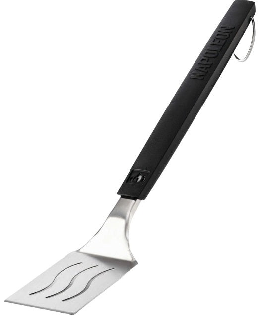 An up close view of this Napoleon spatula. The handle is black and at the top, features the Napoleon "fire" logo and at the bottom, it reads "NAPOLEON." The head of the spatula is stainless steel silver with three slightly wavy cut out lines. There's also a stainless steel hook at the end of the handle. 