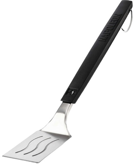 An up close view of this Napoleon spatula. The handle is black and at the top, features the Napoleon "fire" logo and at the bottom, it reads "NAPOLEON." The head of the spatula is stainless steel silver with three slightly wavy cut out lines. There's also a stainless steel hook at the end of the handle. 