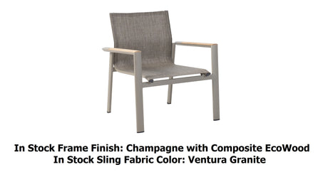 This image shows the lounge chair on a white background. The image also reads "In Stock Frame Finish: Champagne with Composite EcoWood. In Stock Sling Fabric Color: Ventura Granite."