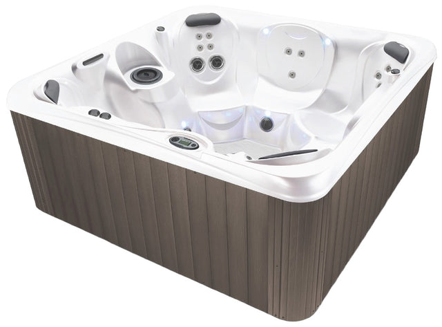 This is a picture of this hot tub from the side so you can see the shell of the tub as well as some of the seats inside.