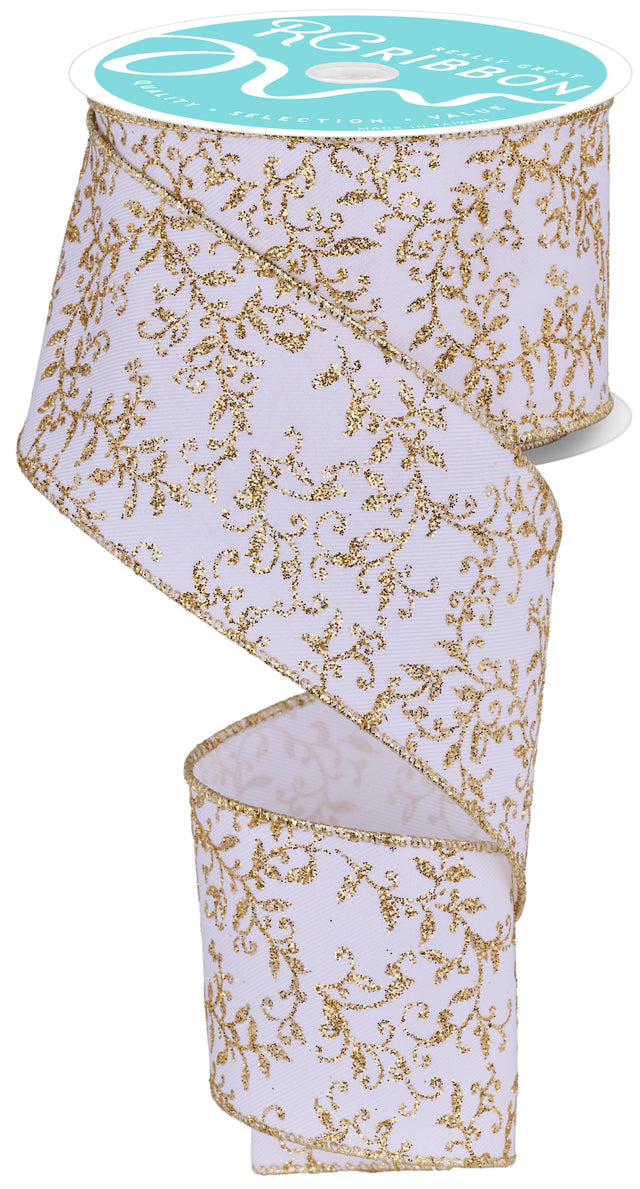 This image shows a white ribbon base with a shimmering gold leaf swirl print design.