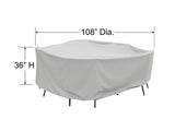 This image shows the dimensions of this specific furniture cover. It is 108 inches in diameter and 36 inches tall.