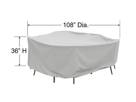 This image shows the dimensions of this specific furniture cover. It is 108 inches in diameter and 36 inches tall.