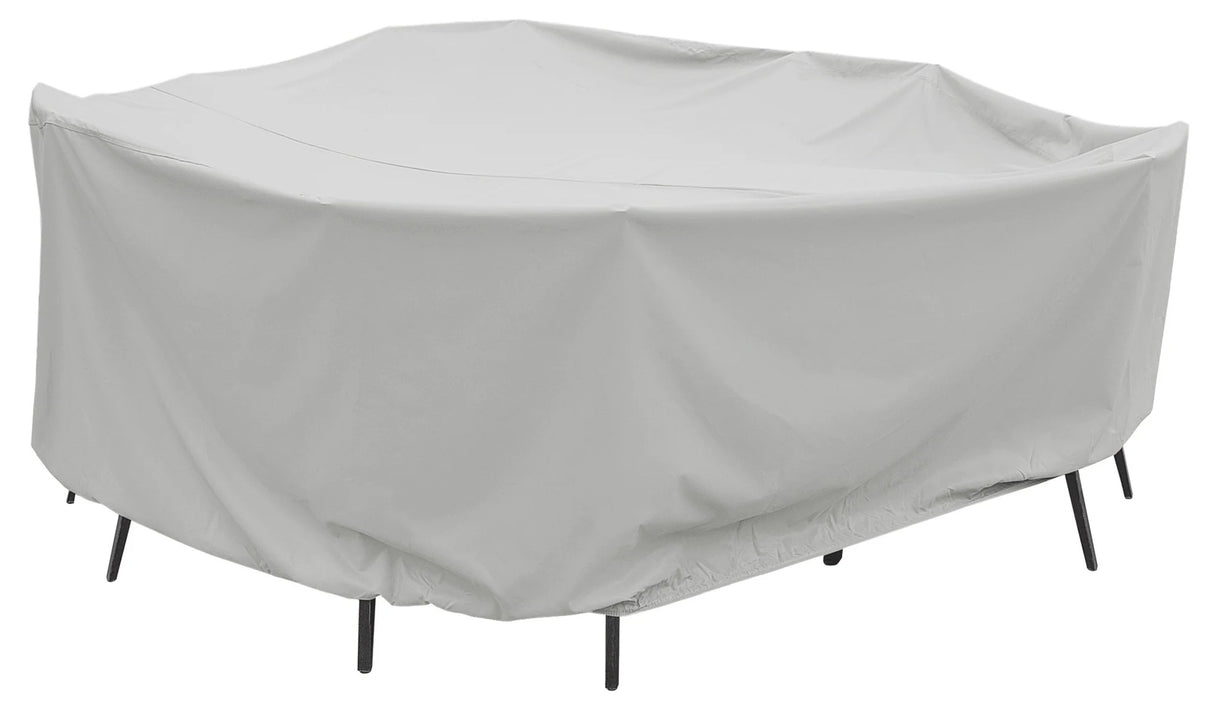 Protective outdoor furniture cover. The color is light gray. It fits an extra large sofa.