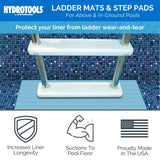 This is a lifestyle image showing the pool ladder mat underneath a pool ladder. The picture reads "HydroTools by Swimline. Ladder Mats & Step Pads. For above and in-ground pools. Protect your liner from ladder wear-and-tear. Increases liner longevity. Suctions to pool floor. Proudly made in the USA."