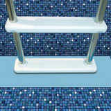This is a lifestyle image showing a light blue pool mat underneath a pool ladder.