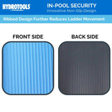 This image shows the front side of the ladder mat and the back side. The front side is light blue. The back side is black. Both sides are ribbed. The picture reads "HydroTools by Swimline. In-Pool Security. Innovative Non-Slip Design. Ribbed design further reduces ladder movement."