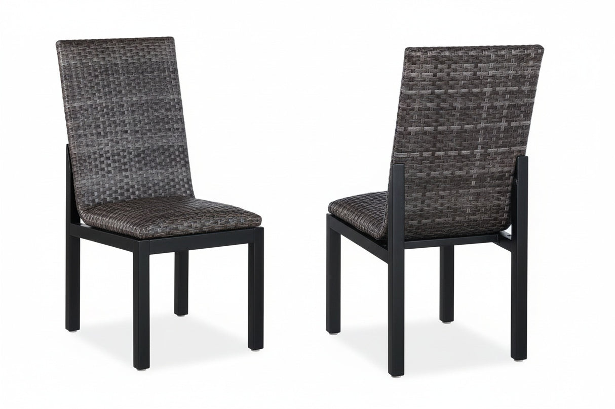 This image shows the front and back of the side chairs. The frames are black. The cushion is a gray wicker color.