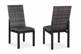 This image shows the front and back of the side chairs. The frames are black. The cushion is a gray wicker color.