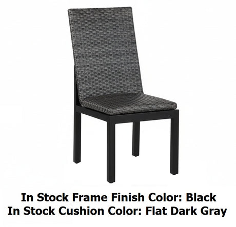 This image shows the side chair on a white background. The image also reads "In Stock Frame Finish Color: Black. In Stock Cushion Color: Flat Dark Gray."