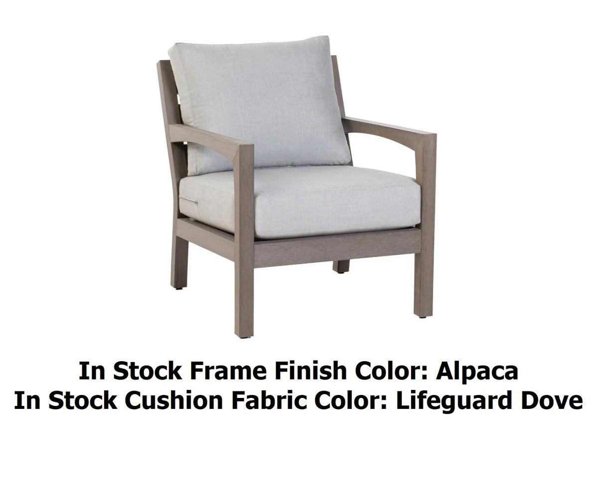 This image shows the lounge chair on a white background. The image also reads "In Stock Frame Finish Color: Alpaca. In Stock Cushion Fabric Color: Lifeguard Dove."