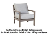 This image shows the lounge chair on a white background. The image also reads "In Stock Frame Finish Color: Alpaca. In Stock Cushion Fabric Color: Lifeguard Dove."