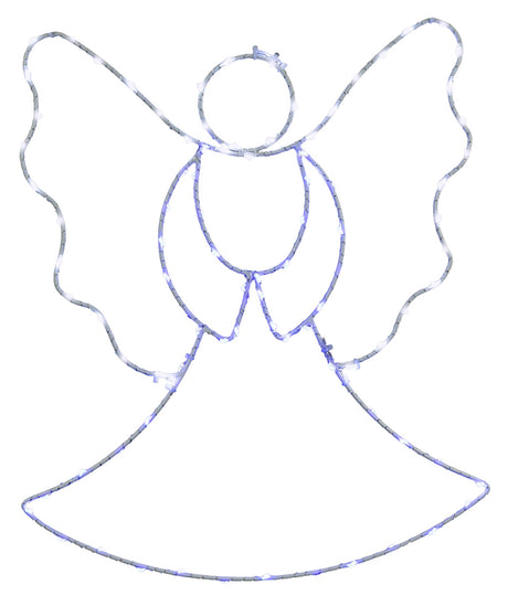 This image shows the angel silhouette decoration on a white background. The wire is white and the lights are blue and white.