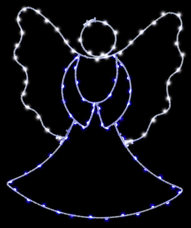 This image shows the angel silhouette decoration on a black background. The wire is white and the lights are blue and white.