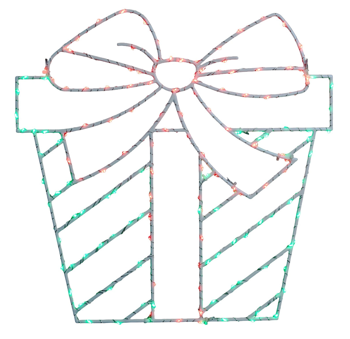 This image shows a present silhouette decoration on a white background. The wire is white and the lights are red and green.