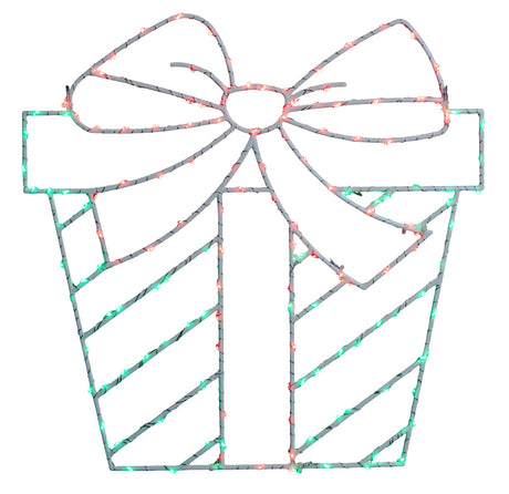 This image shows a present silhouette decoration on a white background. The wire is white and the lights are red and green.