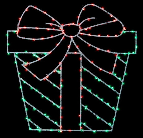 This image shows a present silhouette decoration on a black background. The wire is white and the lights are red and green.