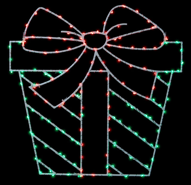 This image shows a present silhouette decoration on a black background. The wire is white and the lights are red and green.