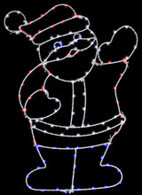 This image shows the Santa silhouette decoration on a black background. The wire is white and the lights are red, blue and white.