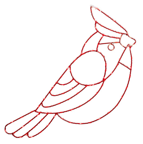 This image shows the red cardinal silhouette decoration on a white background. The wire is red and lights are red and warm white.