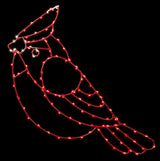 This image shows the red cardinal silhouette decoration on a black background. The wire is red and lights are red and warm white.