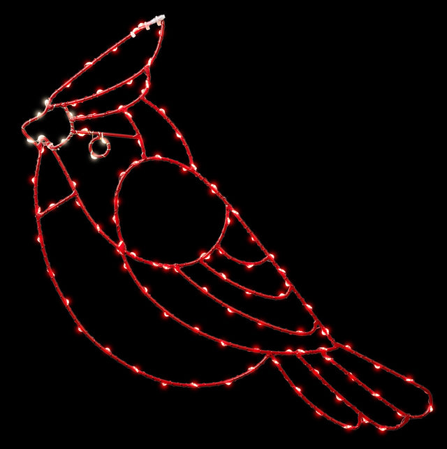 This image shows the red cardinal silhouette decoration on a black background. The wire is red and lights are red and warm white.