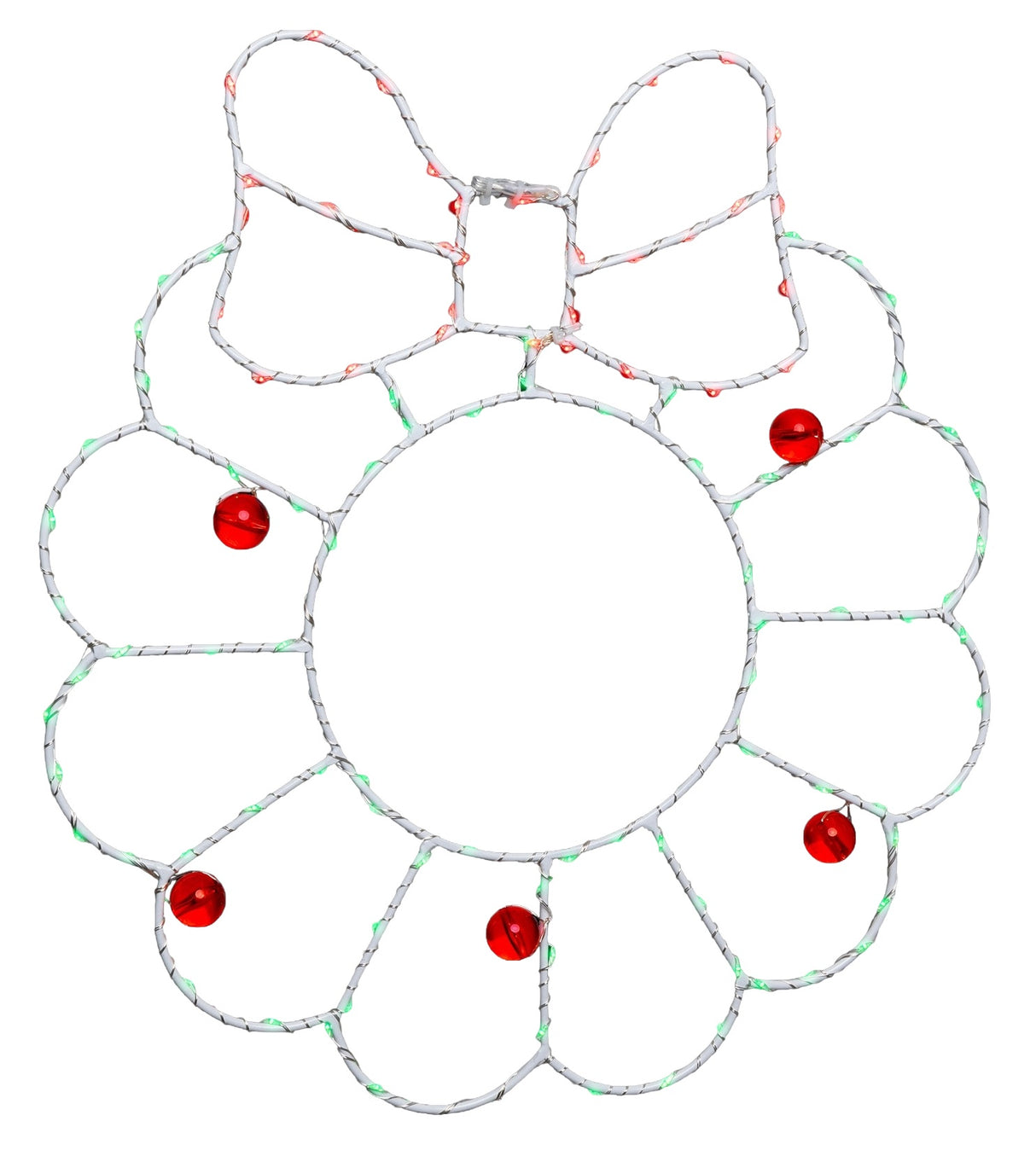 This image shows the wreath silhouette decoration on a white background. The wire is white and the lights are red and green.