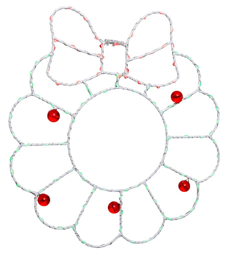 This image shows the wreath silhouette decoration on a white background. The wire is white and the lights are red and green.