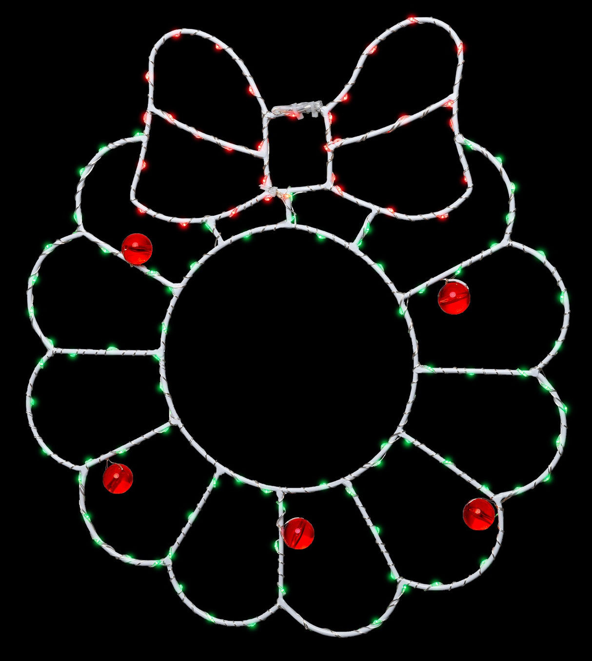 This image shows the wreath silhouette decoration on a black background. The wire is white and the lights are red and green.