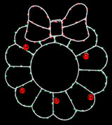 This image shows the wreath silhouette decoration on a black background. The wire is white and the lights are red and green.