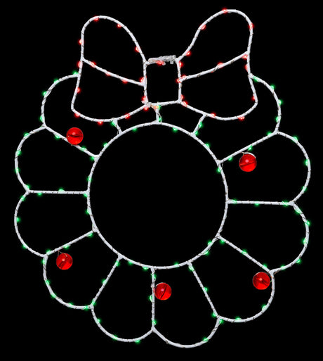 This image shows the wreath silhouette decoration on a black background. The wire is white and the lights are red and green.