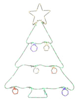This image shows a Christmas tree silhouette decoration on a white background. The wire is white and the lights are Warm White, Green, Red, Purple and Orange.