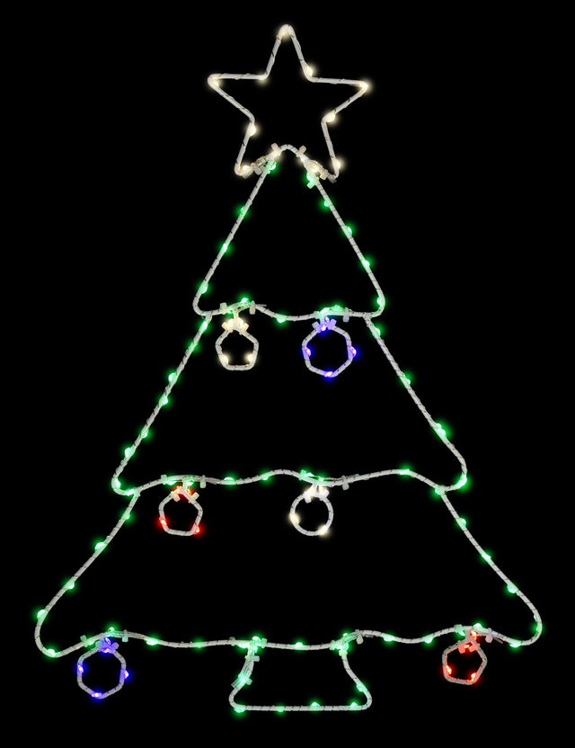 This image shows a Christmas tree silhouette decoration on a black background. The wire is white and the lights are Warm White, Green, Red, Purple and Orange.