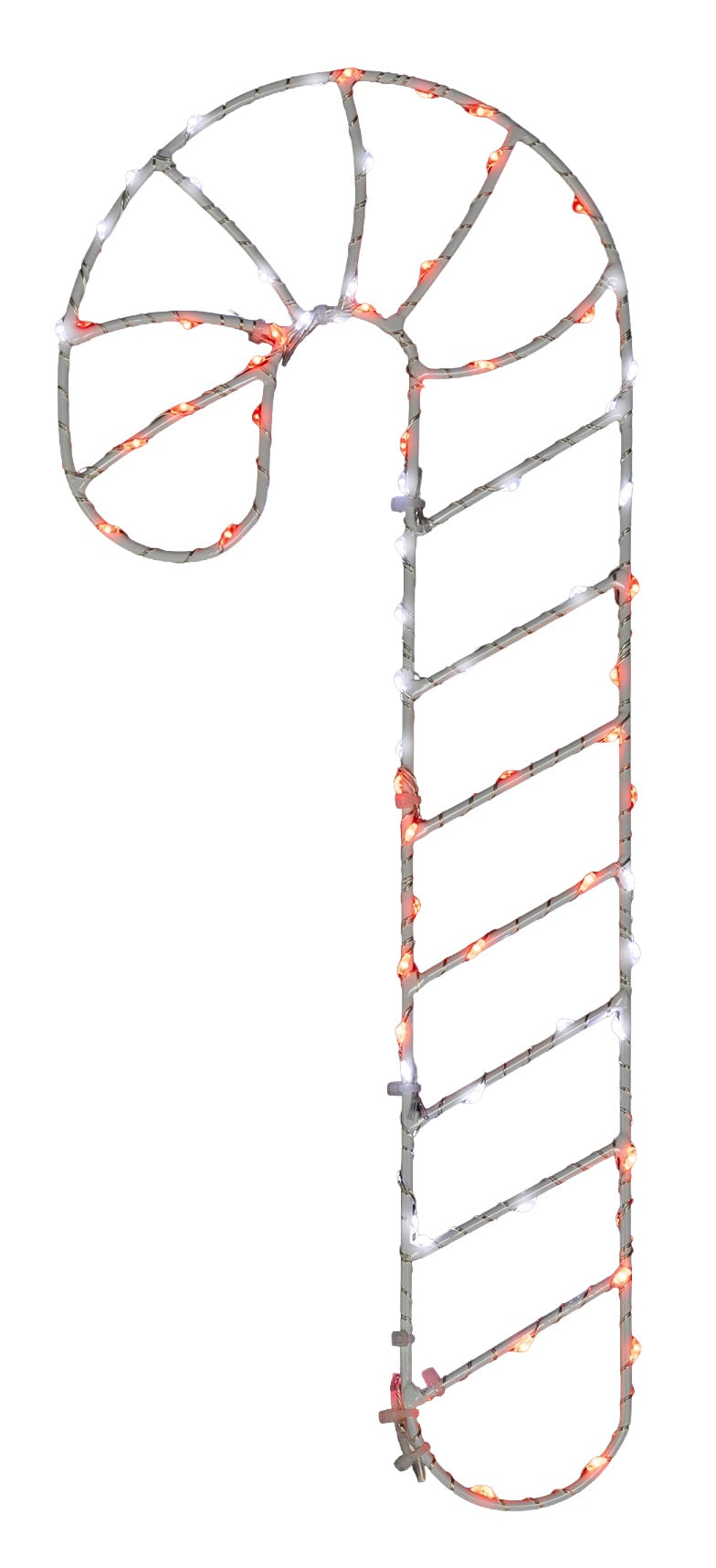 This image shows the red and white candy cane silhouette decoration on a white background. The frame is white and the lights are red and white.